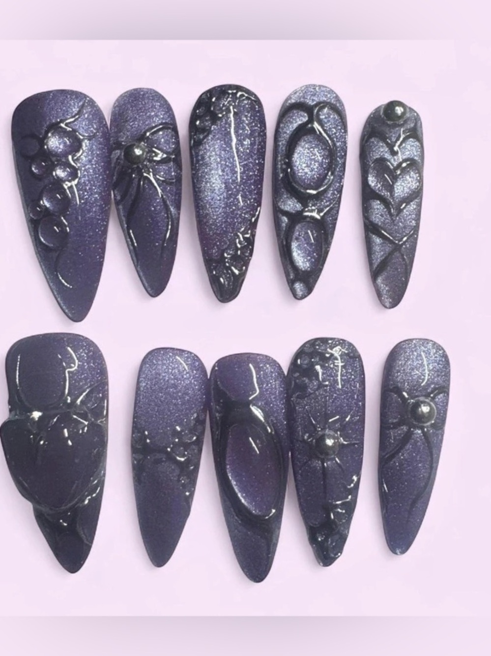 Handmade 3D Purple Cat-Eye Custom Press-On Nails - Size Small